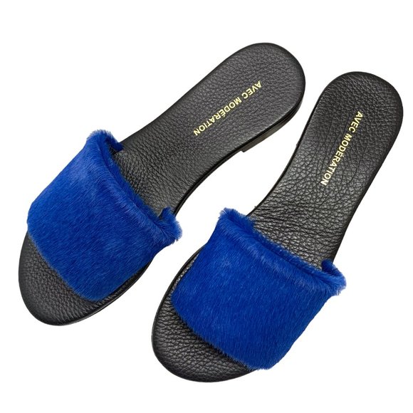 AVEC MODÉRATION Bora Bora Royal Blue Pony Hair Leather Slides - Picture 10 of 11